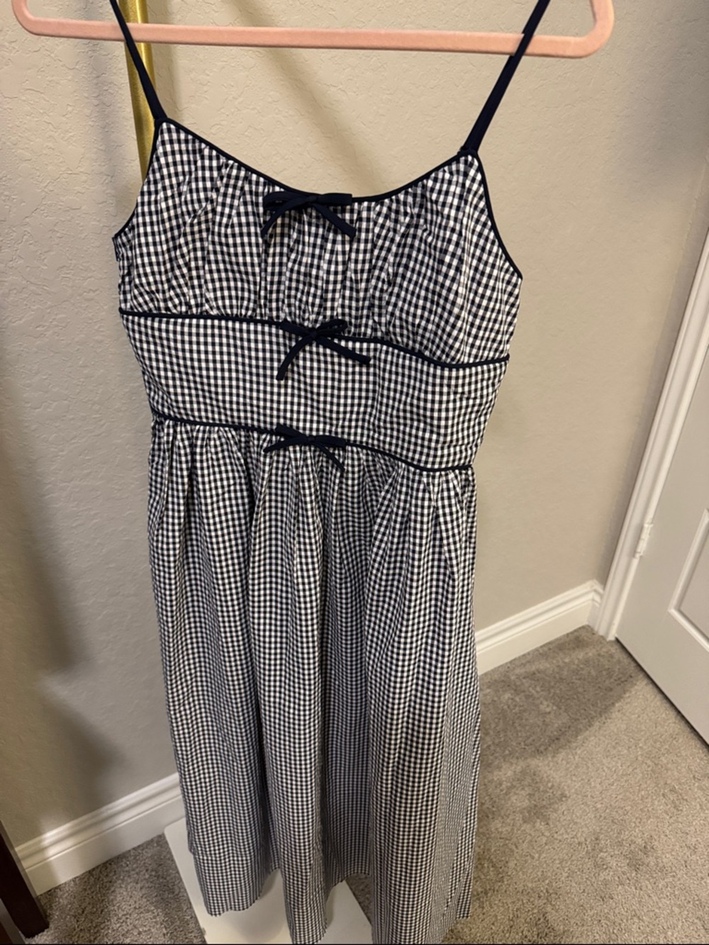 Boutique Brand Mable Navy & White Gingham Midi Dress with Bow Accent